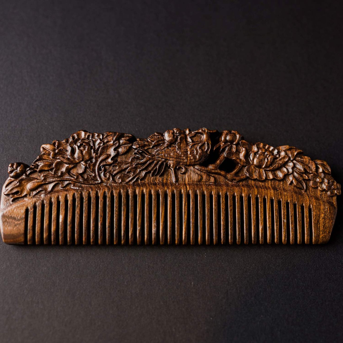 Large Carved Sandalwood Comb with floral patterns