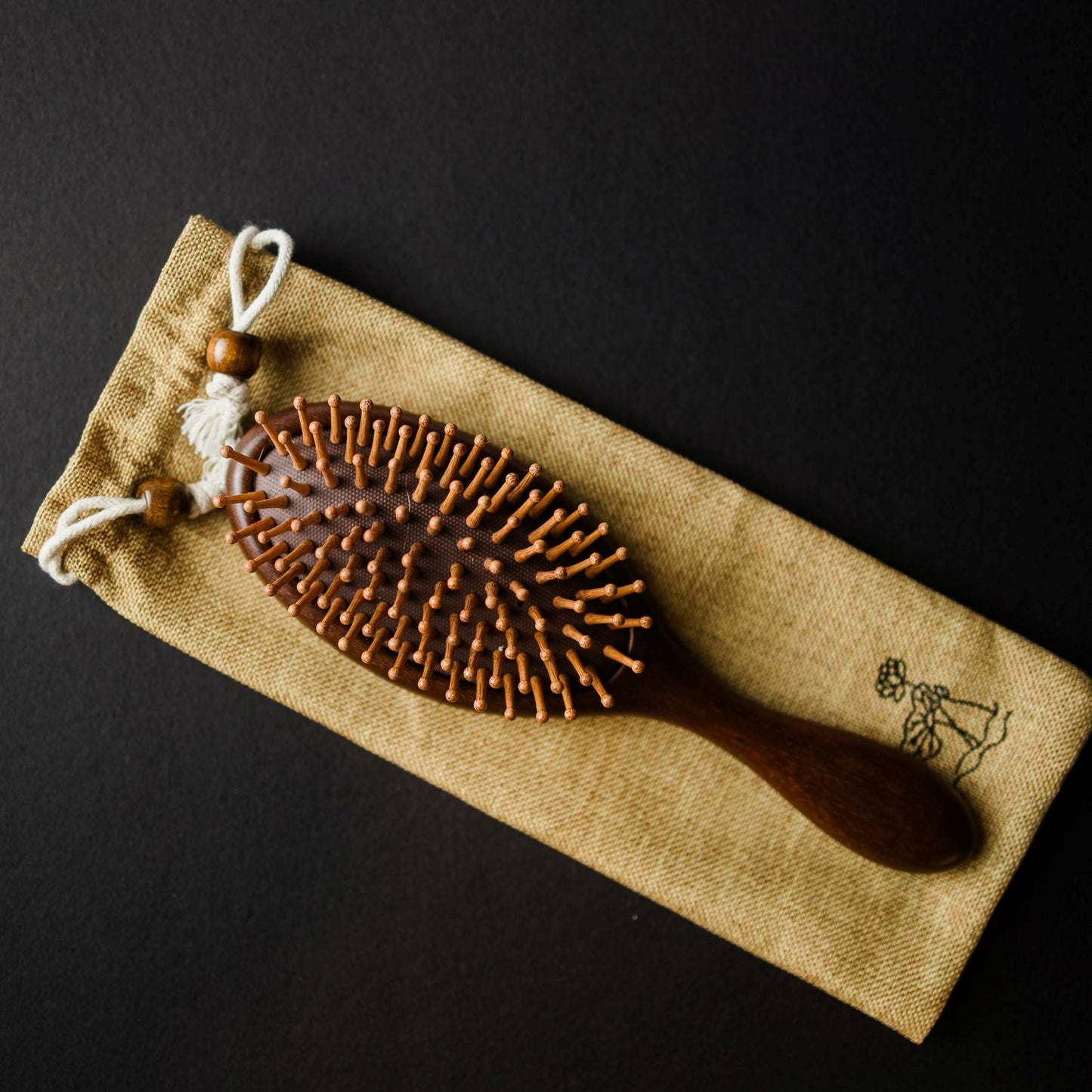 Sandalwood Brush with Bamboo Bristles, natural wooden brush in a fabric pouch