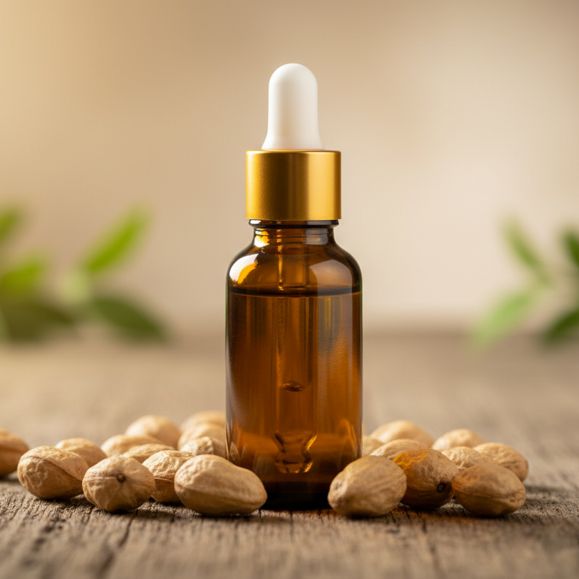 brown dropper glass bottle with gold cap and white dropper, standing on a wooden table, surrounded with jojoba nuts soft, warm light behind it