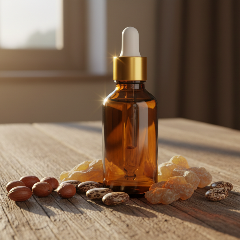 brown glass bottle with gold cap and white dropper, filled with oil, standing on a wooden table, some jojoba nuts, castor nuts and frankincense resin around it, warm sun light behind