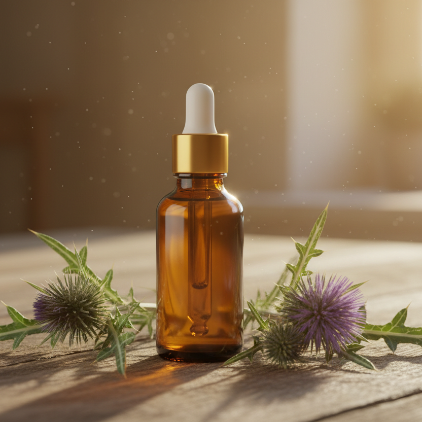 brown glass bottle with gold cap and white dropper standing on a wooden table, some milk thistle around it, warm sun light behind