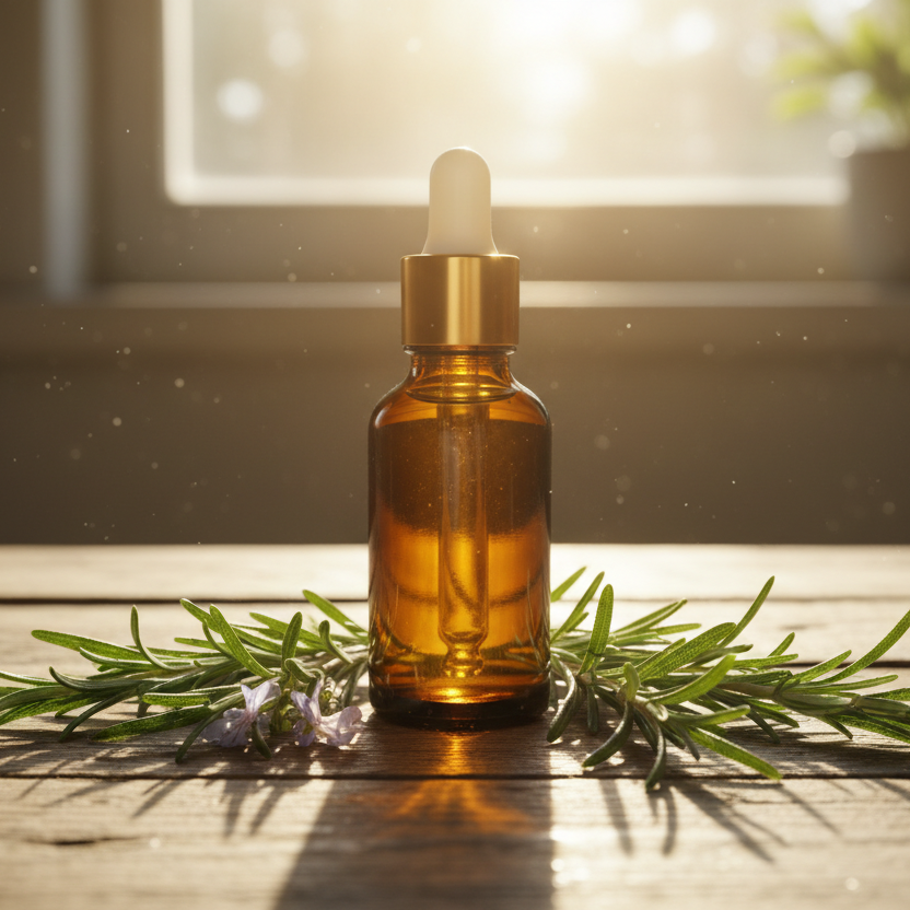 brown glass bottle with gold cap and white dropper standing on a wooden table, some rosemary around it, warm sun light behind