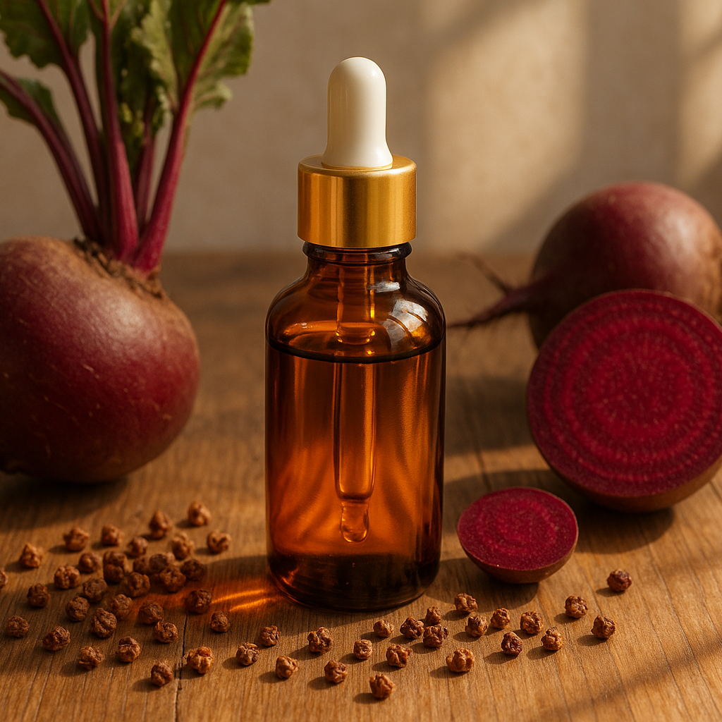 Brown glass dropper bottle with gold cap, filled with oil, standing on a wooden surface with beets and seeds beside it.