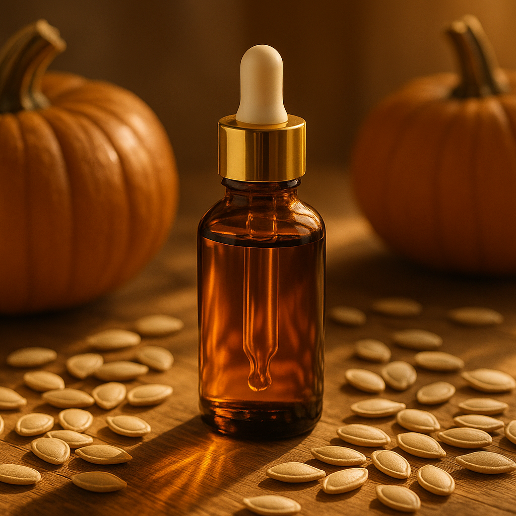 brown glass bottle with golden cap and white dropper with pumpkin and pumpkin seeds around it, standing on wooden table, delicate sunlight going through bottle
