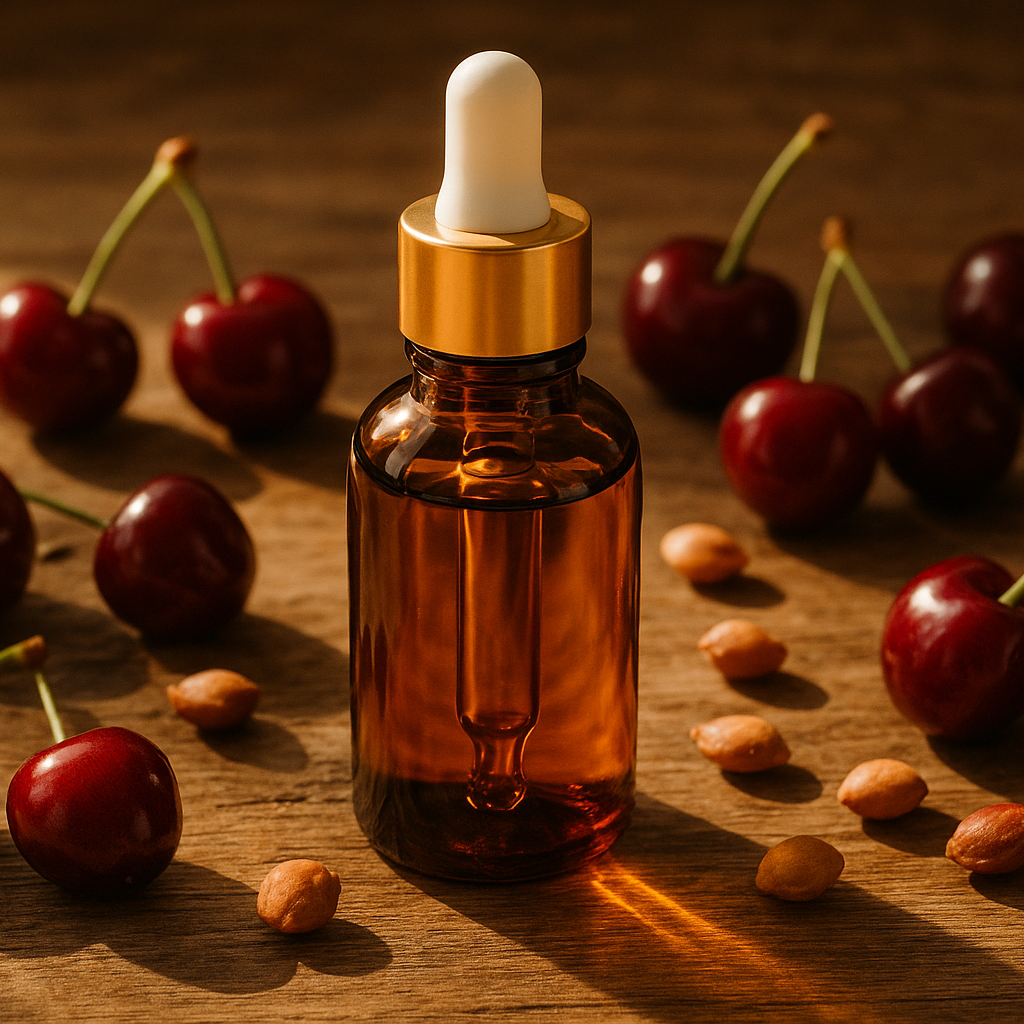 Brown glass dropper bottle with gold cap, filled with oil, standing on a wooden surface surrounded with cherries and cherry kernels.