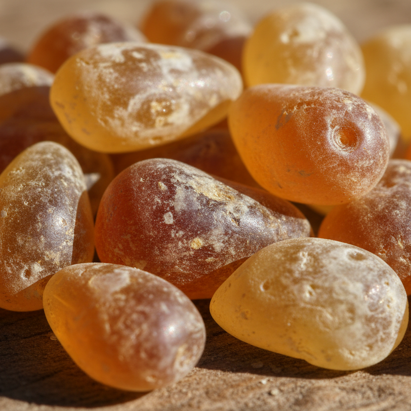 Close-up of frankincense resin used in natural skincare oil production