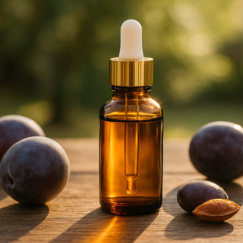 Amber glass dropper bottle with a gold cap, filled with oil, standing on a wooden surface, surrounded with plums and plum kernel.