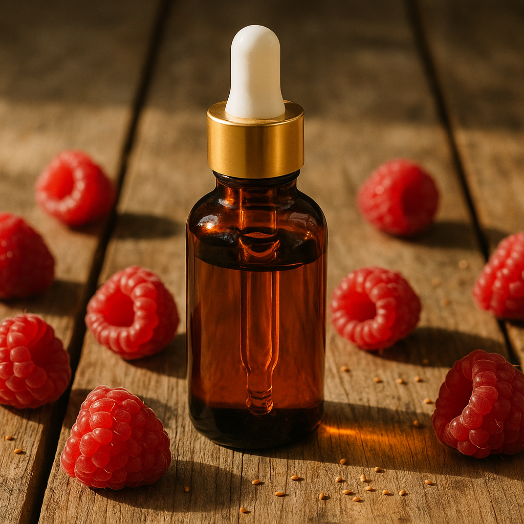 Amber glass dropper bottle with gold cap, filled with oil, standing on a wooden surface surrounded by raspberries
