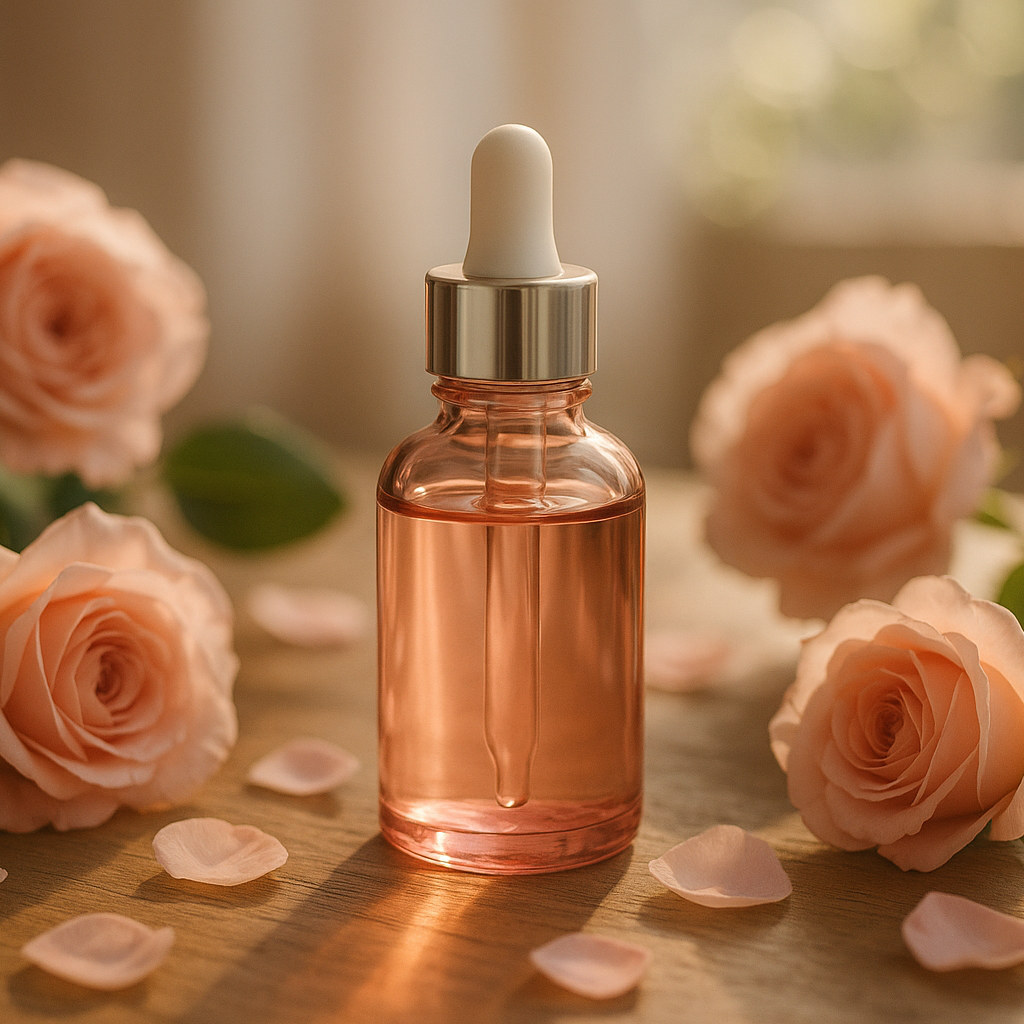 Glass dropper bottle filled with a pink rose oil, standing on a wooden surface surrounded by pink roses.