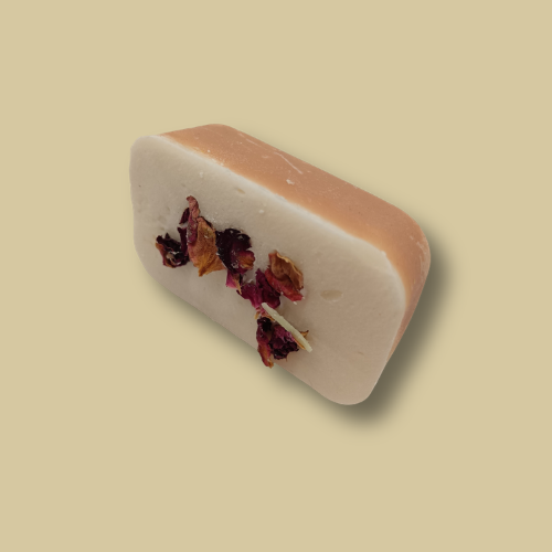 Rose Delight travel size handmade soap bar by Hugola – angled view