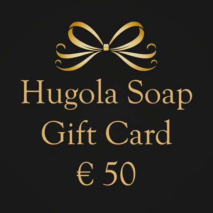 Hugola Soap € 50 gift card with a gold bow on a black background
