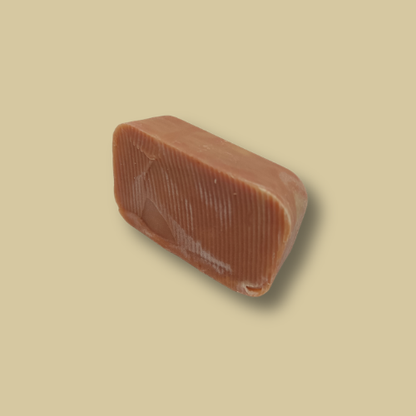 Golden Sandalwood travel size handmade soap bar by Hugola – angled view