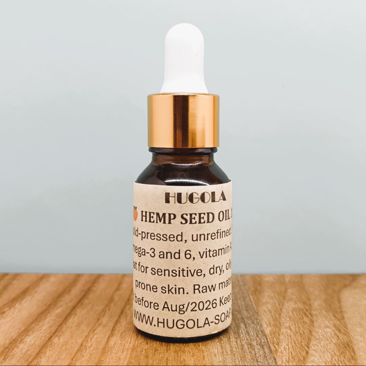 Bottle of cold-pressed hemp seed oil from Hugola Soap