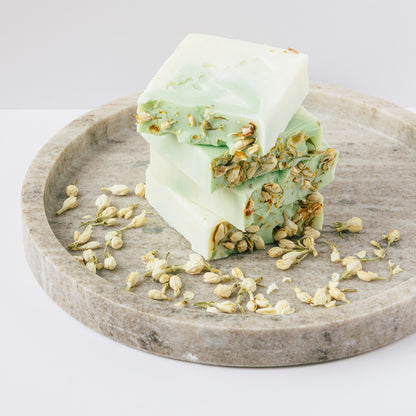 Emerald Jasmin Soap, four handmade natural palm-free soap bars displayed together