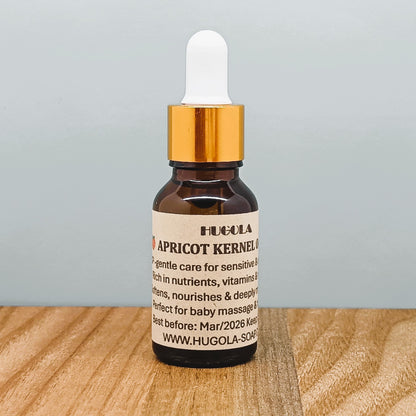 Apricot Kernel Oil, natural cold-pressed skincare oil in small glass bottle