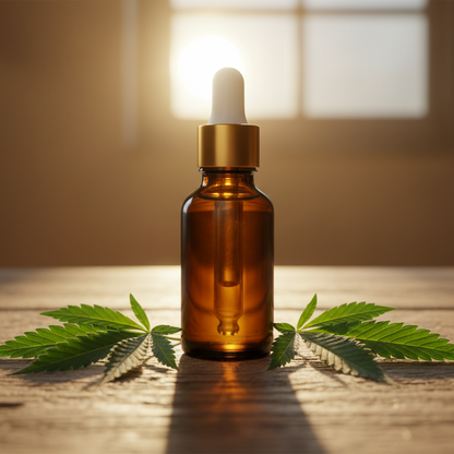 Amber glass dropper bottle, filled with oil, standing on a wooden surface with cannabis leaves  beside it