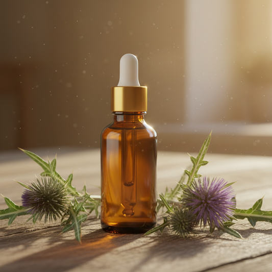 brown glass bottle with gold cap and white dropper standing on a wooden table, some milk thistle  around it, warm sun light behind