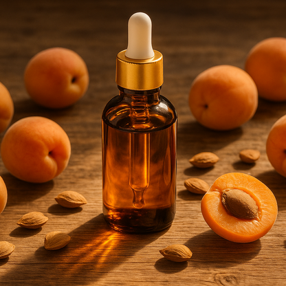 Brown glass dropper bottle with a gold cap, filled with oil, standing on a wooden surface surrounded by apricots and apricot kernels.