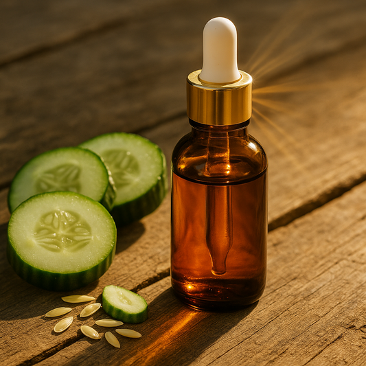brown glass bottle with golden cap and white dropper with cucumber and cucumber seeeds around it, standing on wooden table, delicate sunlight going through bottle