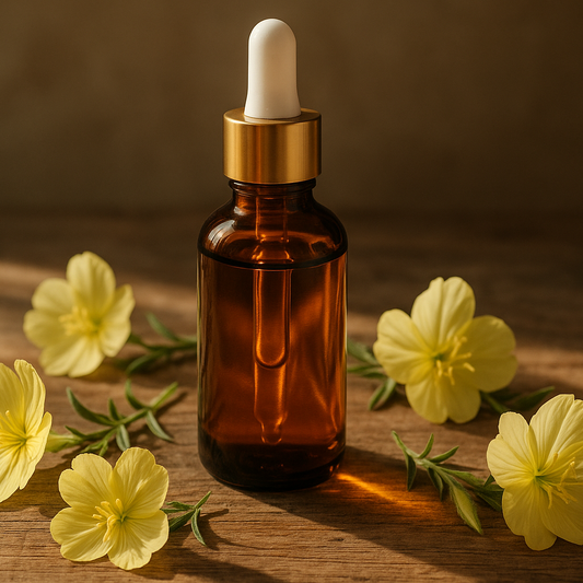 brown glass bottle with golden cap and white dropper with evening primrose around it, standing on wooden table, delicate sunlight going through bottle
