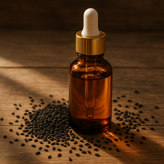 brown glass bottle with golden cap and white dropper with nigella seeds around it, standing on wooden table, delicate sunlight going through bottle