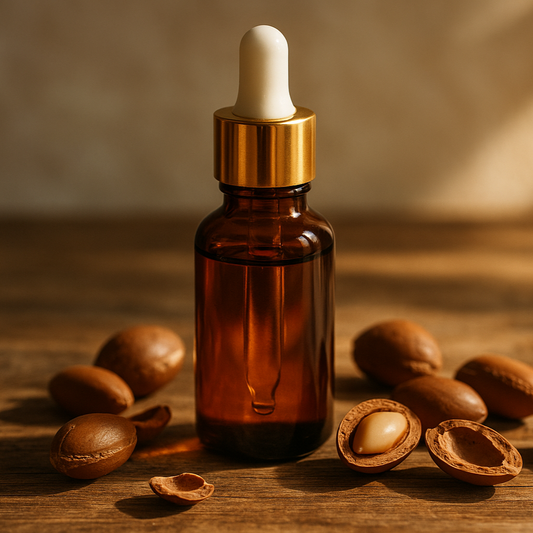 brown glass bottle with golden cap and white dropper with opened argan nuts  around it, standing on wooden table, delicate sunlight going through bottle