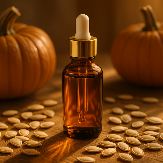 brown glass bottle with golden cap and white dropper with pumpkin and pumpkin seeds around it, standing on wooden table, delicate sunlight going through bottle