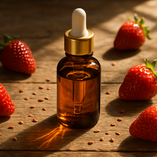 brown glass bottle with golden cap and white dropper with strawberries and strawberriy seeds around it, standing on wooden table, delicate sunlight going through bottle
