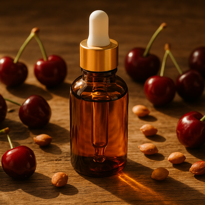 Brown glass dropper bottle with gold cap, filled with oil, standing on a wooden surface surrounded with cherries and cherry kernels.