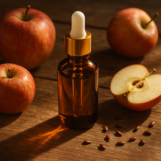brown glass bottle with sleek golden cap and white dropper with apples ans apple seeds around it, standing on wooden table, delicate sunlight going through bottle