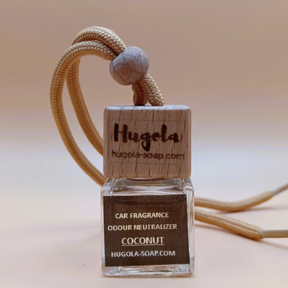 Hugola car fragrance diffuser, Coconut scent, glass bottle with wooden cap and hanging cord