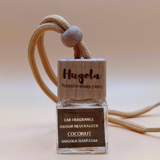 Hugola car fragrance diffuser, Coconut scent, glass bottle with wooden cap and hanging cord