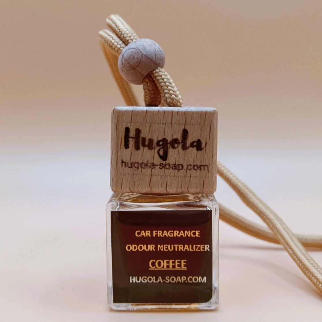 Hugola car fragrance diffuser, Coffee scent, glass bottle with wooden cap and hanging cord