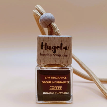 Hugola car fragrance diffuser, Coffee scent, glass bottle with wooden cap and hanging cord