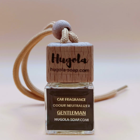 Hugola car fragrance diffuser, Gentleman scent, glass bottle with wooden cap and hanging cord