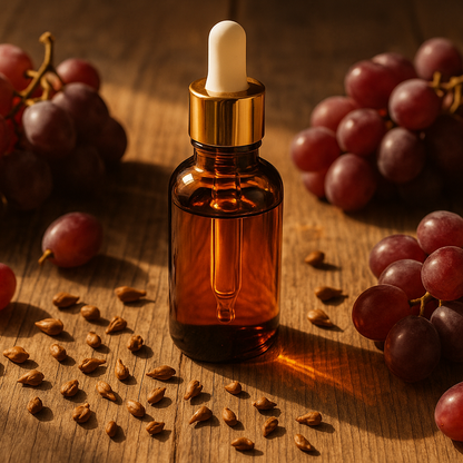 Brown glass dropper bottle with gold cap , filled with oil, standing on a wooden surface with red grapes and seeds around it.