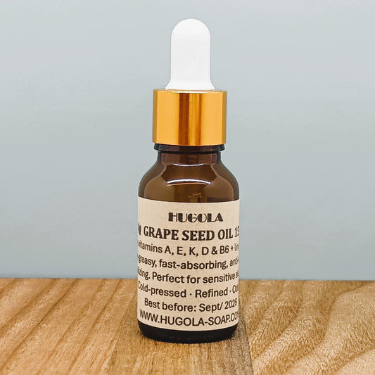 Grapeseed Oil, natural cold-pressed skin oil in glass bottle