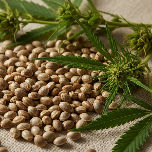 CLOSE UP TO HEMP SEEDS AND HEMP LEAVES