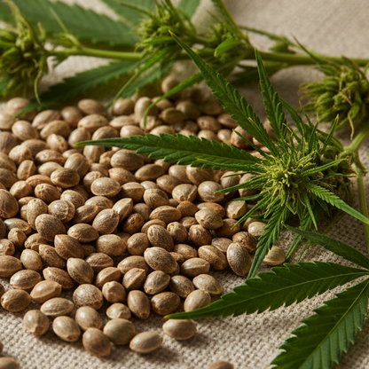 CLOSE UP TO HEMP SEEDS AND HEMP LEAVES