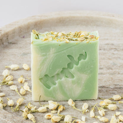 Emerald Jasmin Soap, handmade natural palm-free soap bar with dried jasmine flowers