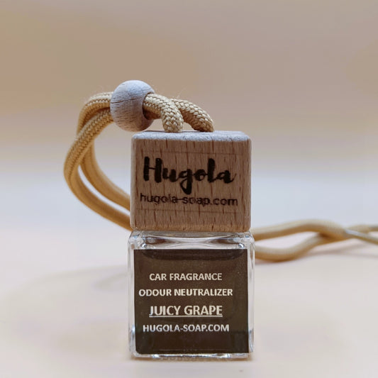 Hugola car fragrance diffuser, Juicy Grape scent, glass bottle with wooden cap and hanging cord