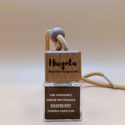 Hugola car fragrance diffuser, Raspberry scent, glass bottle with wooden cap and hanging cord