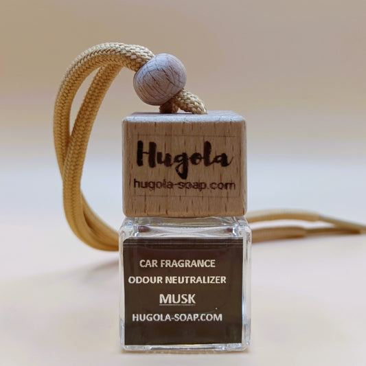 Hugola car fragrance diffuser, Musk scent, glass bottle with wooden cap and hanging cord