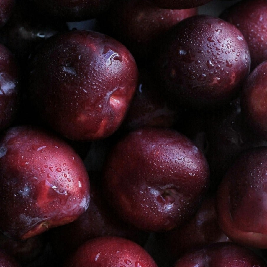 Close-up of fresh plums used in natural skincare oil production