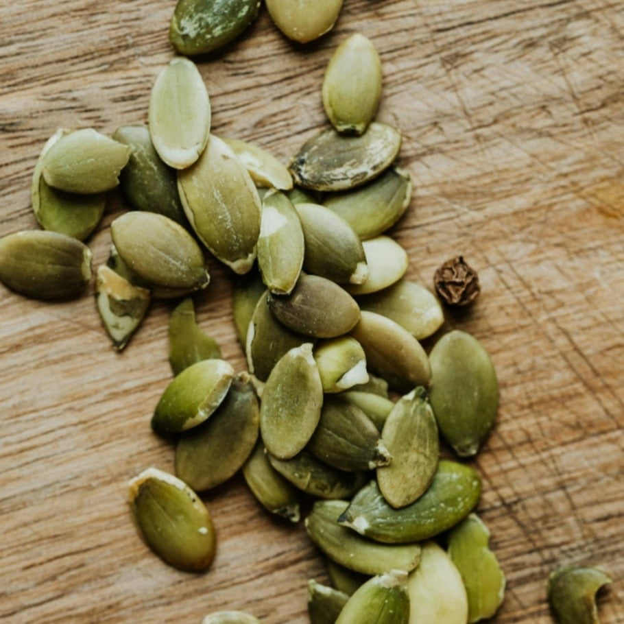 Close-up of pumpkin seeds used in natural cold-pressed oil