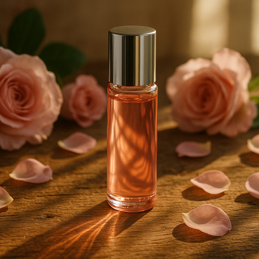 rose glass roller bottle with silver cap with roses and rose petals around it, standing on wooden table, delicate sunlight going through bottle
