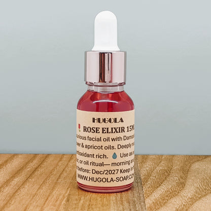 Rose Elixir natural facial oil in glass bottle for hydration and glow