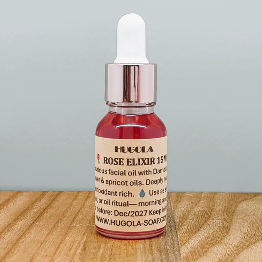 Rose Elixir natural facial oil in glass bottle for hydration and glow