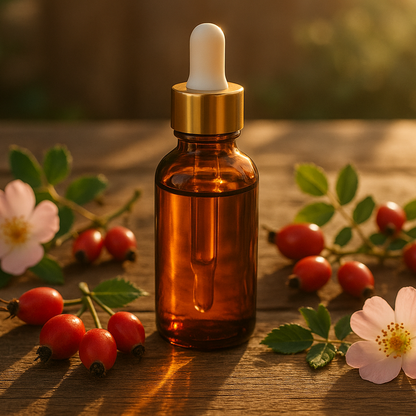 Brown glass dropper bottle with gold cap, filled with oil, standing on a wooden surface with rosehip flowers and berries.