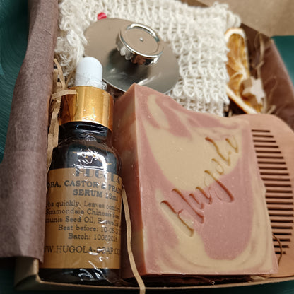Serum bottle and soap with branding in a box
